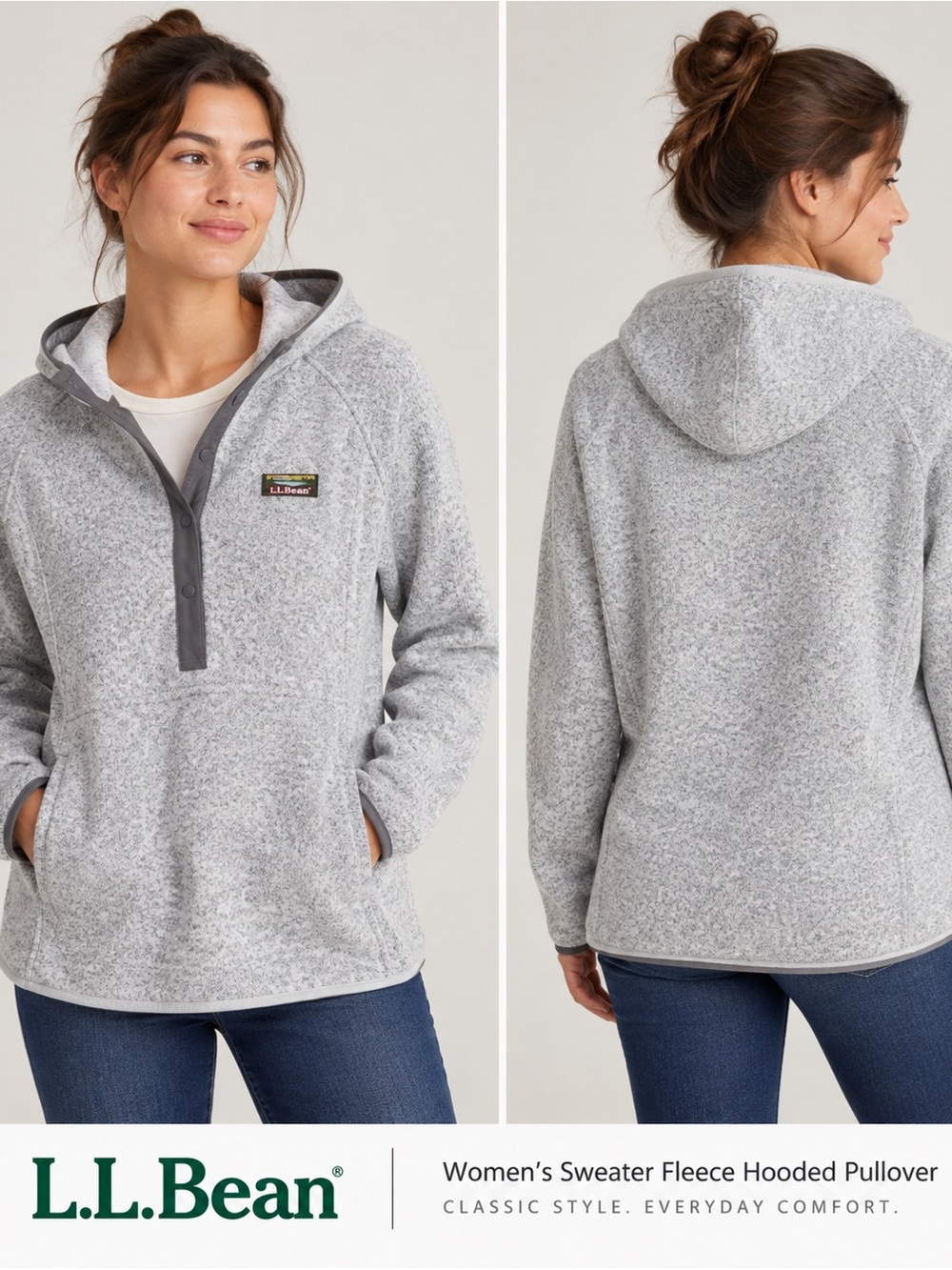 L.L.Bean Women’s XL Sweater Fleece Hooded Pullover Gray Snap Neck Kangaroo Pocke